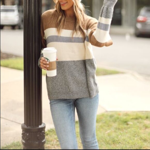 Sweaters - Color Block Striped Gray Tan Cream Sweater Boutique Purchase